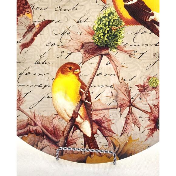 GLASS PLATTER-NOTIONS-"Goldfinch"-Ruffled Edges-Large 14" Diameter-Birds - Picture 3 of 13